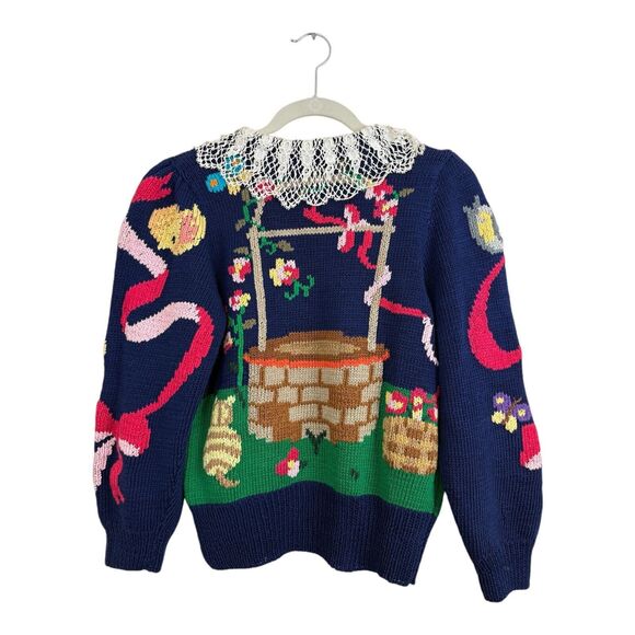 Berek Hand Knit Sweater Sz Petite Lace Collar Vtg 80s Wishing Well Flowers Cat - Picture 4 of 11